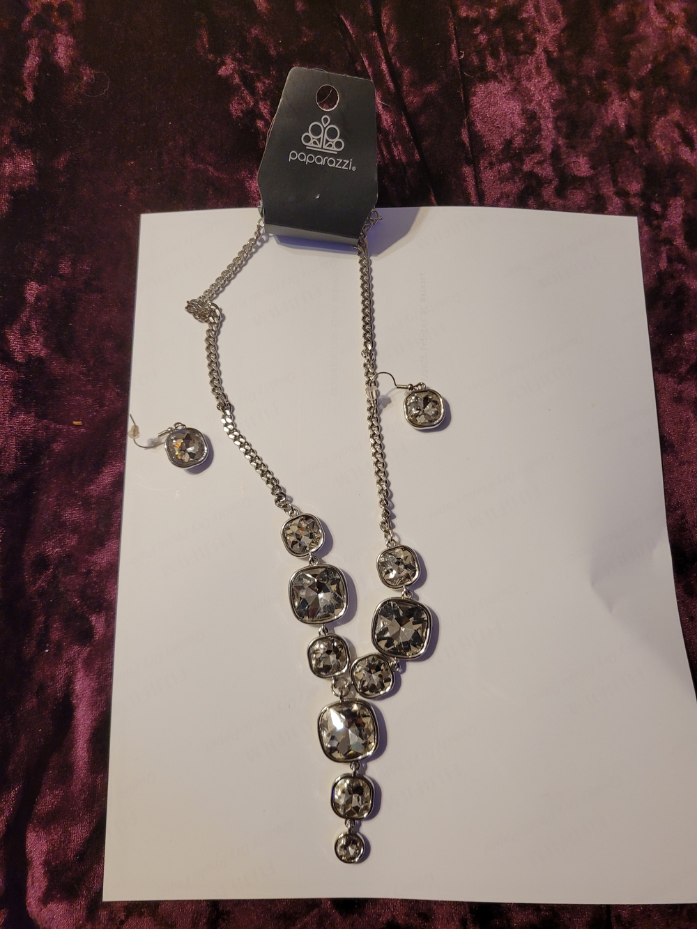 paparazzi Silver Tumbled Crystal Drop Necklace and Studs Set